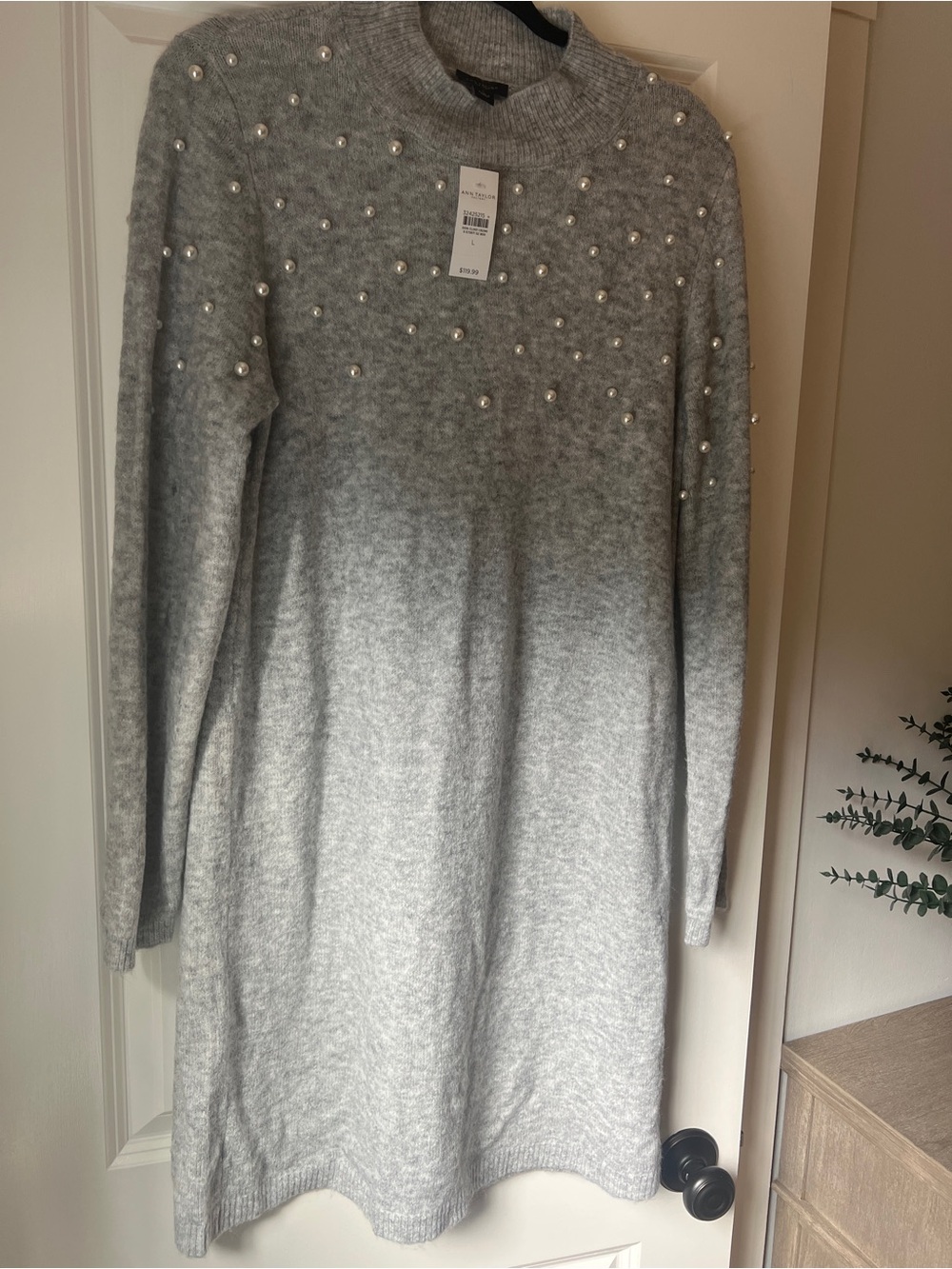 Ann Taylor Gray Pearl-Embellished Long-Sleeve Sweater Dress